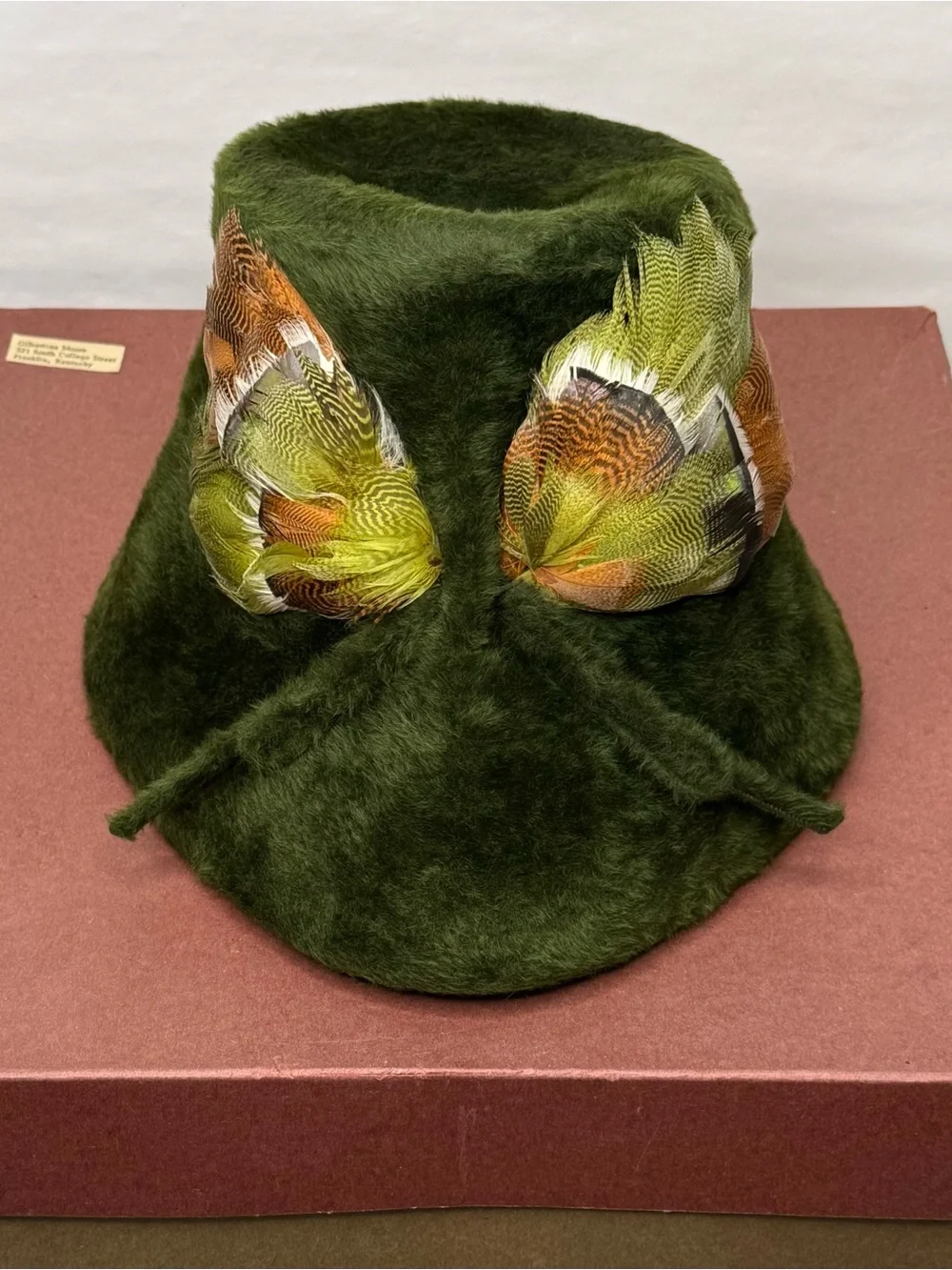 Vintage 1960s Italy Fur Felt Bucket Hat Pheasant Feather Green Cain Sloan Boxed